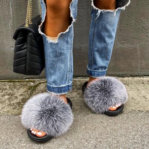 ETHEL ANDERSON Women Fur Slides Genuine Fox Raccoon Fur Fluffy Slippers Furry Flat Sandals Indoor Flip Flops Plush Designer Shoe