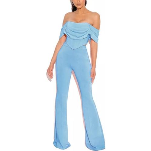 Bevenccel 2020 New Summer Off Shoulder Slash Neck 2 Two Pieces Sets Crop Top& Full Pants Women Bandage Club Party Casual Sets