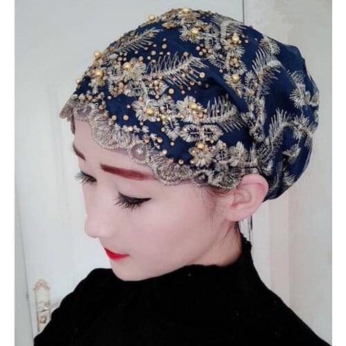 Elegant Beads Embroideried Womens Turban Hat Muslim Headwear Hair Accessories Cap Ready to Wear inner Hijabs Femme Head Wraps
