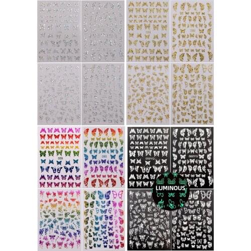 16 Sheets Holographic Butterfly Nail Stickers Decals Holo Gold Silver Multi-Color Different Shapes Nail Adhesive Stickers