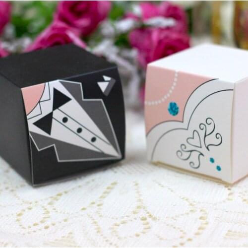 50Pcs Hot Sale Tuxedo Bride & Groom Wedding Gift Favor Paper Boxes Candy Boxes Square Gift Boxes