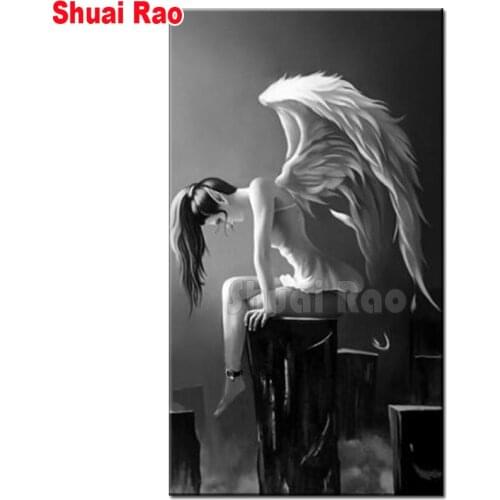 Black white angel 5d diy diamond painting full square round mosaic diamond embroidery rhinestone Halloween home art