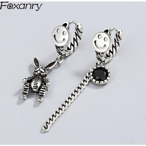 Evimi Asymmetric Smiling Face Rabbit Pendant Earrings Terndy Vintage Handmade Chain Earring Party Accessories Jewelry Gifts