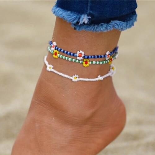 17KM Boho Flower Beaded Anklets Set For Women Trendy Summer Ocean Beach Handmade Beads Ankle Bracelet Foot Leg Jewelry