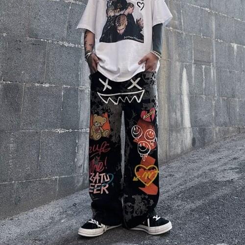 High Street Harajuku Graffiti Trend INS Spring And Summer Women Jeans European And American Vintage Straight Men Daddy Trousers