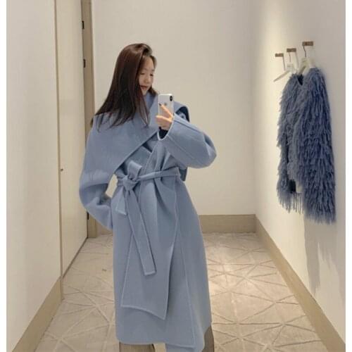 Women 2021 Fashion With Belt Loose Woolen Jacket Vintage Long Sleeve Irregular Wool Coat Female Elegant Outerwear Chic Overcoat