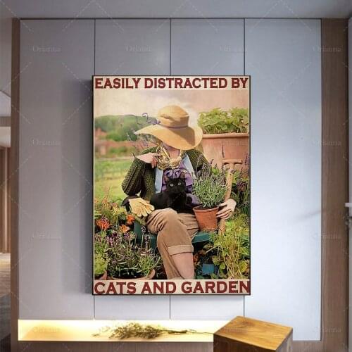 Easily Distracted By Cats and Garden Poster, Gardening Art Print, Girl and Cat Design Canvas, Girl Wall Art, Garden Lover Gift