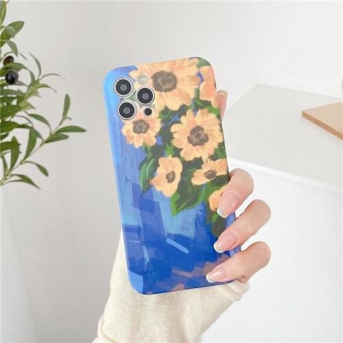 Retro sweet sunflower Flowers Oil painting art Phone Case For iPhone 11 12 Pro Max Xs Max XR Xs 7 8 Plus X 7Plus case Cute Cover
