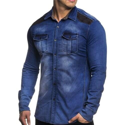 Men 2021 camisa Denim Shirt Cotton Two Pockets Slim Long Sleeve Mens Casual Dress Button Up Jeans Cowboy Shirt Clothing