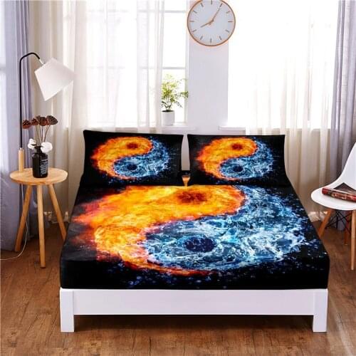 Fire and Water Digital Printed 3pc Polyester Fitted Sheet Mattress Cover Four Corners with Elastic Band Bed Sheet Pillowcases