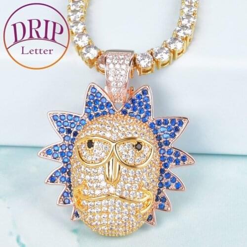 Blue Color Tone Cartoon Character Face Pendant Necklace Chain Hip Hop Rock Personality Jewelry