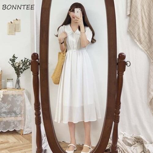 Short Sleeve Women Solid White Ruffles Peter Pan Collar Korean Style Sweet Lovely Vintage Female Dresses Summer Elegant Tender