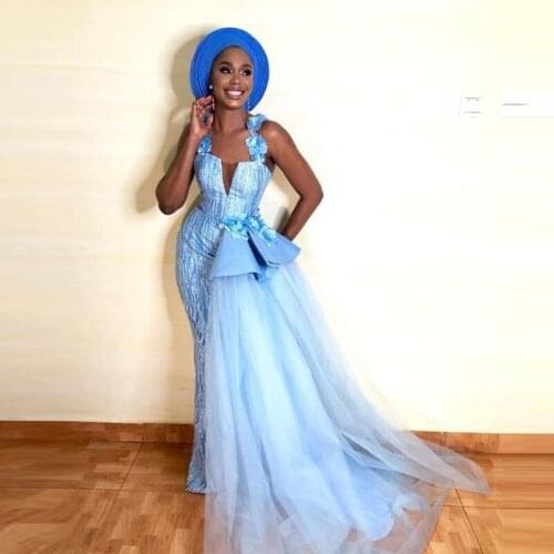 Saudi Arabic Sky Blue Prom Dresses Peplum Appliques Tulle Train Aso Ebi Evening Gowns For Women Black Girls Party Brithday Gowns