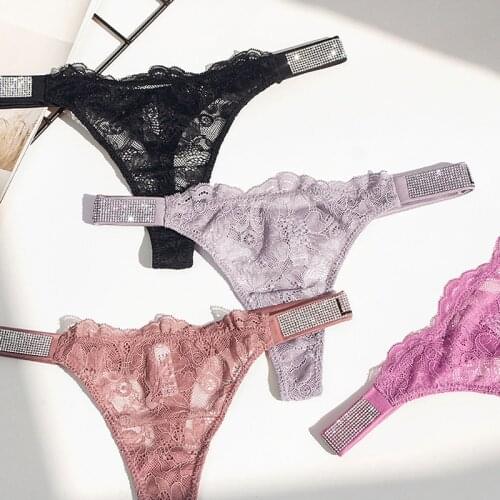 Low Waist Sexy Panties Lace Women Underwear Rhinestone Letter Transparent ThongsT Back for Female Ladies Soft Lingerie Pink