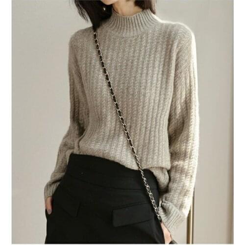 Half Turtleneck Sweater Womens Knitted Pullover Autumn Winter New Wool Bottoming Tops Loose Large Size Warm Ladys Jumpers