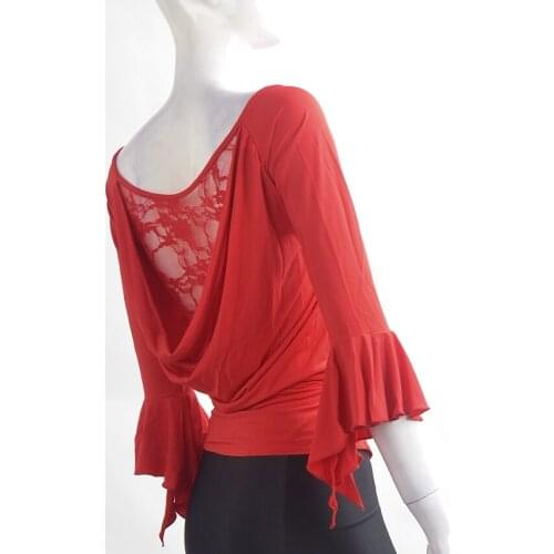 Ballroom dance Latin dance mid sleeve flare cuff lace openwork pendant pocket wrinkle front Latin top T11021