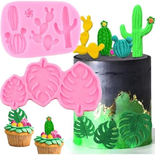 Tropical Theme Cactus Flower Silicone Molds Turtle Leaf Cupcake Topper Fondant Cake Decorating Tools Candy Clay Chocolate Moulds