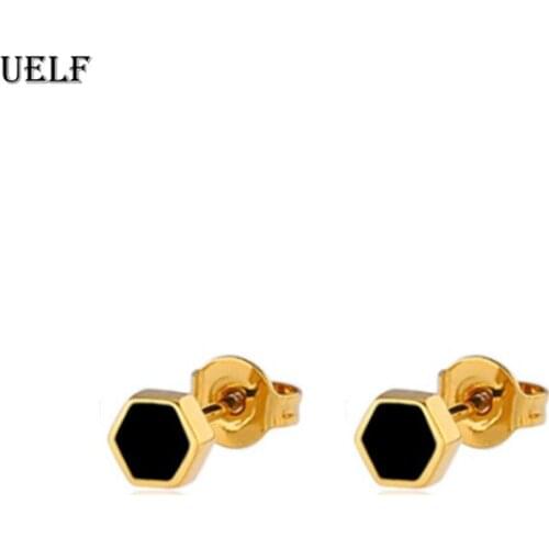 Uelf Luxury Female Black Enamel Stud Earrings Simple Stainless Steel Hexagon Earrings For Women Vintage Earrings