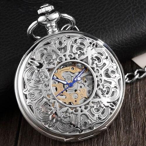 Vintage Silver Stempunk Mechanical Pocket Watch Men Hollow Flower Desgin Hand Wind Fob Chain Watch Necklace Womens' Gift Box