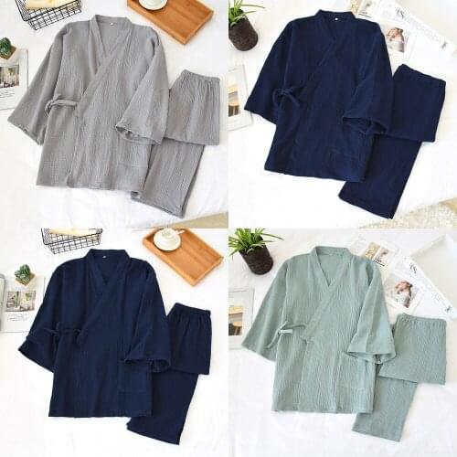 Japanese Kimono Spring and Summer Cotton Crepe Pajamas Nightgown Set Plus Size Couple Mens Sauna Clothes Yukata Women Robe Sets