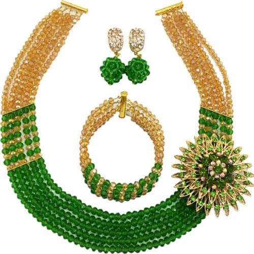 Green Gold AB African Wedding Beads Nigerian Beaded Jewelry Set Women Costume Necklace 5C-SXJB010