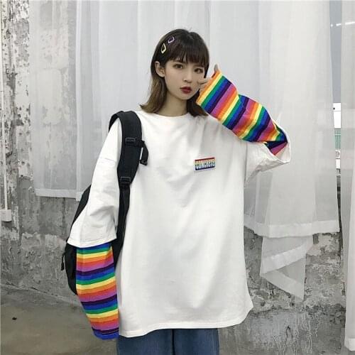2021 summer rainbow stripes stitching long-sleeved loose round neck T-shirt fake two embroidered T-shirts women
