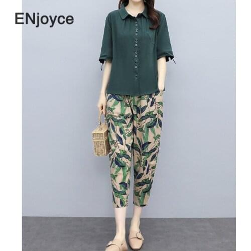 Vintage Green Cotton Linen Two Piece Sets Outfits Women Korean Style Tops and Printed Pants Suits Casual Fashion Suit Summer
