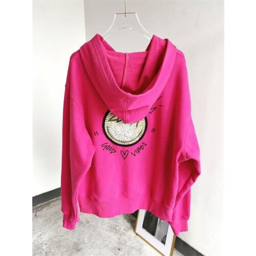 Peach color Woman Casual Sweatshirt Hooded Letter Embroiderey Drop Shoulder Oversized Pullovers Long Sleeves Front Pocket
