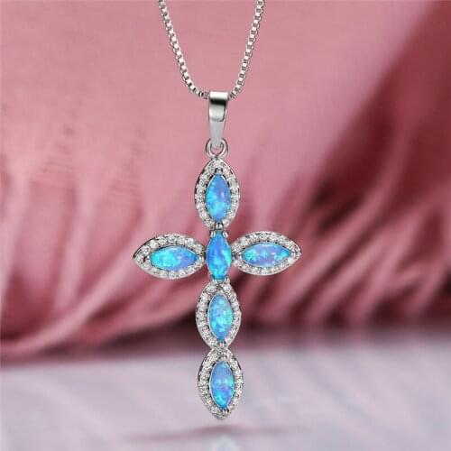 Geometric Crystal Cross Wedding Necklace Female Cute Leaf Opal Pendant Necklace Rose Gold Silver Color Chain Necklaces For Women
