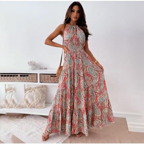 2021 Summer Sleeveless Dress Women Fashion Strap Maxi Dress Sexy Floral Print Backless Bohemian Vintage Ladies Beach Dresses