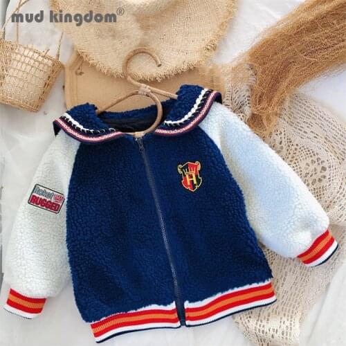 Mudkingdom Girl Winter Coat Faux berber Fleece Long Sleeve Sailor Collar College Style Outerwear Kids Zipper Patchwork Clothes