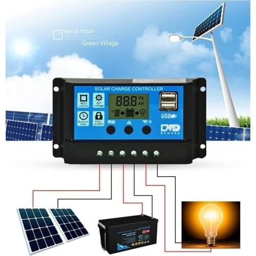 10A 20A 30A Solar Charge Controller 12V 24V Auto Output Solar Cell Panel Regulator LCD Dual USB Home Battery Charger