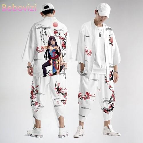 2021 White Hua Mulan Chinese Style Sets Fashion Japanese Kimono Beach Harajuku Men Women Cardigan Haori Asian Clothes Pant Suit