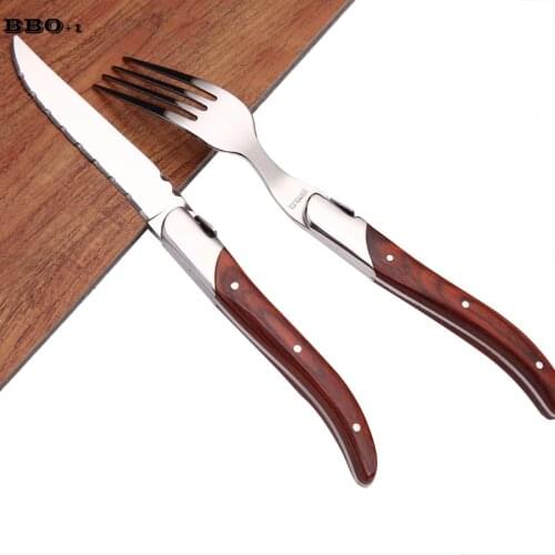 3pcs Stainless Steel Laguiole Steak Knife Steak Fork Set Red Wood Handle Steak Cutlery Set Forks and Knives