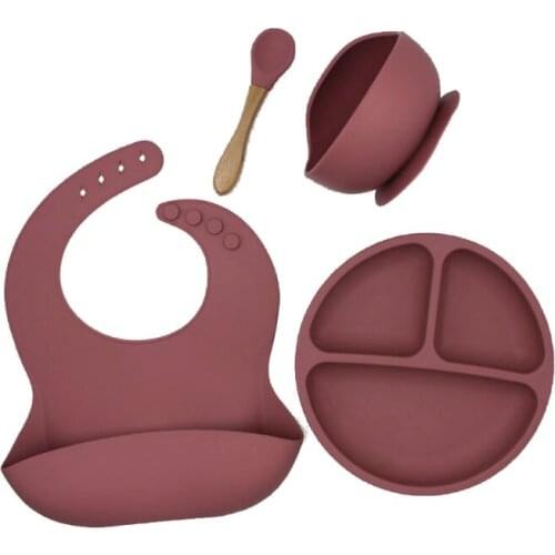 4pcs/set Baby Silicone Tableware Waterproof Bib Dinner Plate Sucker Bowl Spoon Q1FE