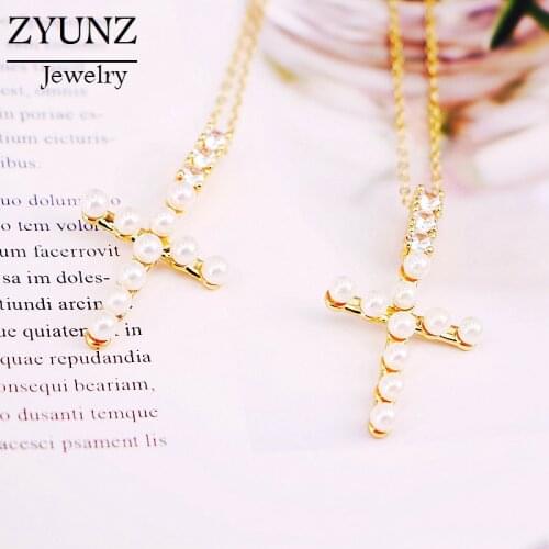 4PCS, Fashion Pearl Shell Cross Pendant Necklace Gold Color Chain Charm Gifts For Women Jewelry