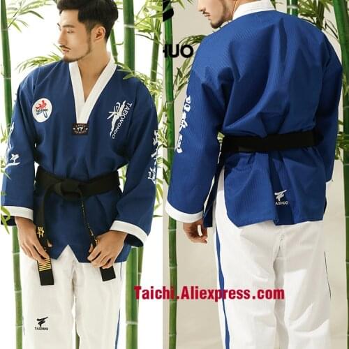 Martial Arts TKD Tae Kwon Do Korea V-neck Adult Taekwondo Master Uniform For Poomsae & Training,WTF Uniform,160-190cm,blue And W