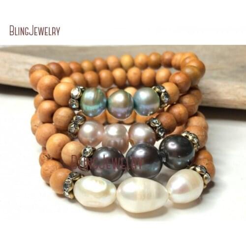 Boho Beach Chic Sandalwood Freshwater Pearl Stretch Bracelets Bohemian Wood Bead Stacking Bracelet Beach Wedding Jewelry BM31731