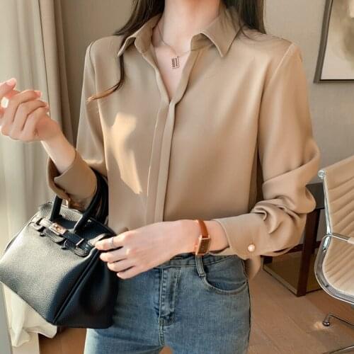 Chikichi 2021 Korean fashion autumn shirt Pullover solid color temperament V-neck Chiffon Long Sleeve White Shirt Satin top