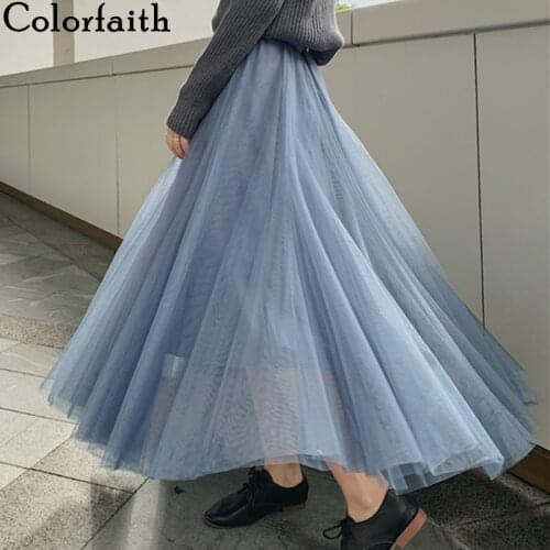 Colorfaith 2019 Women Casual Elegant Ankle-Length Long Skirt Autumn Winter Tulle Multi Colors Sweet High Waist Female SK7001