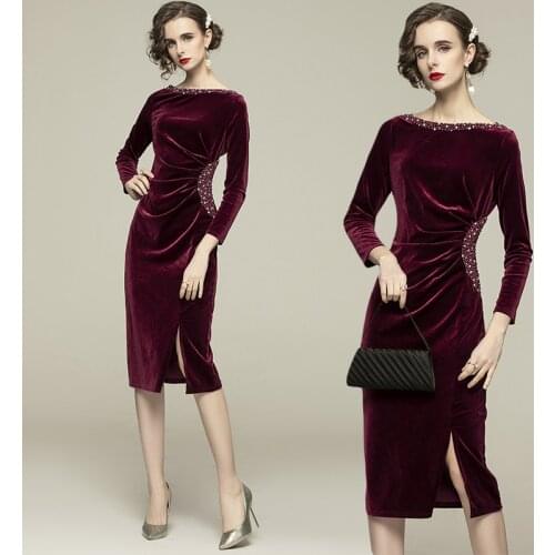 Elegant Beading Evening Party Dress Women New Autumn Plus Size Slim Velvet Side Split Dress Ladies Vintage Long Sleeve Dresses