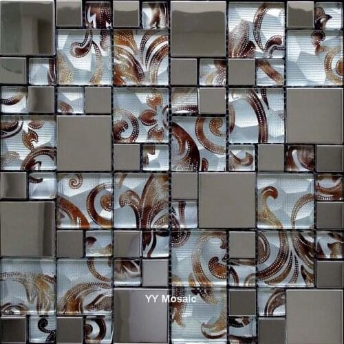 European style big square glass mix metal mosaic tile white backgroud brown vines for store decorate shop door salon, YY-248