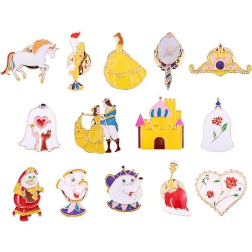 HOSENG 14Pcs/Lot Princess and Prince Fairy Tale Cartoon Alloy Brooch Yellow Castle Crown Fantasy Enamel Jewelry Pin Badge HS_450