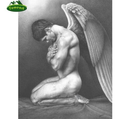 Men Angel Wings Diamond Painting Cross Stitch Mosaic Square Rhinestone Sticker Black and White Art Diamond Embroidery Wall Decor