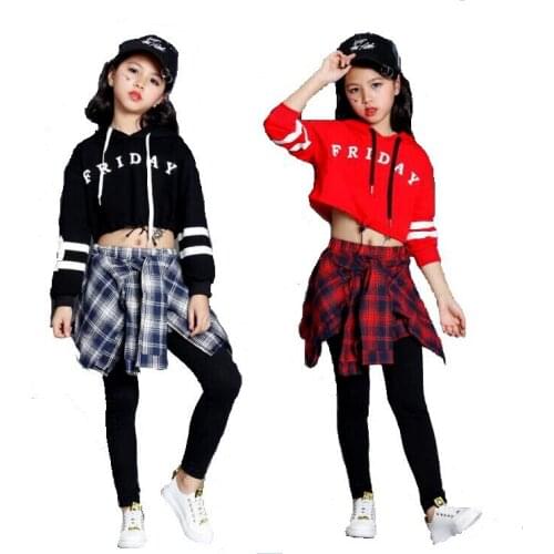 Teens Girls Two Piece Set Long Sleeve Children Crop Tops And Plaid Skirt Pant Kids Hip Hop Dance Clothes Girls Children Spring