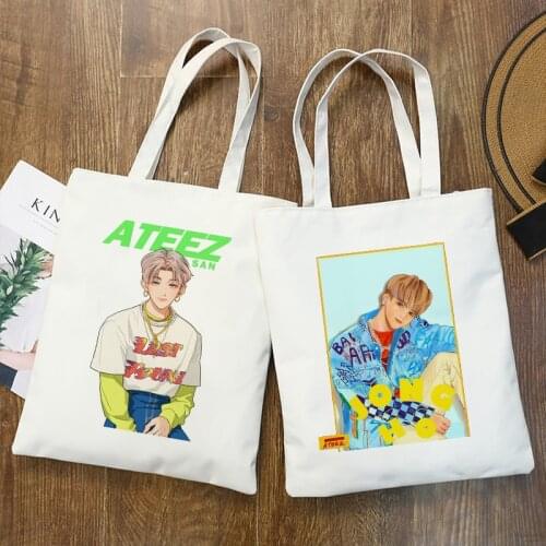 Korea Ulzzang Shopper Bag Ateez Kpop Korean Style Hip Hop Hipster Cartoon Print Shopping Bags Canvas Tote Bag Pacakge Hand Bag