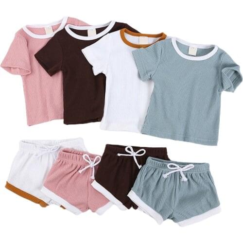 New 2pcs/set Baby Boys Girls Clothing Set Summer Short Sleeve Solid Color Cotton Infant Newborn Clothes Suit Outerwear T-shirts