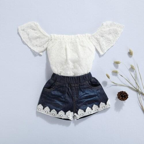 2 Pcs Summer Outfits Baby Girls Off-shoulder Floral Lace Boat Neck Short Sleeve Romper Solid Color Jeans with Pockets Sets