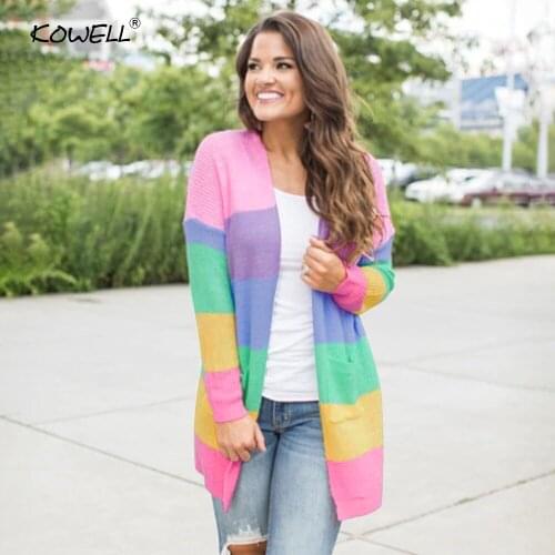 Hot Sell Rainbow Striped Long Cardigan Sweater Women Fashion 2018 New Autumn Winter Casual Knitted Sweater Coat Outwear femme
