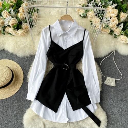 HOT Women Chic Twinset Top Popular Shirt Dress Matching Spaghetti Strap Belted Waist Vest 2 Pieces Twinset Blouse TN268
